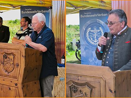 Waren die Hauptredner beim Veteranentag in Memmingen: Stabsfeldwebel a.D. Franz Jung und Oberst a.D. Heinrich Schneider betonten die Bedeutung des Tages für Zusammenhalt von Zivilgesellschaft und Bundeswehr. Foto: Detlef Döring