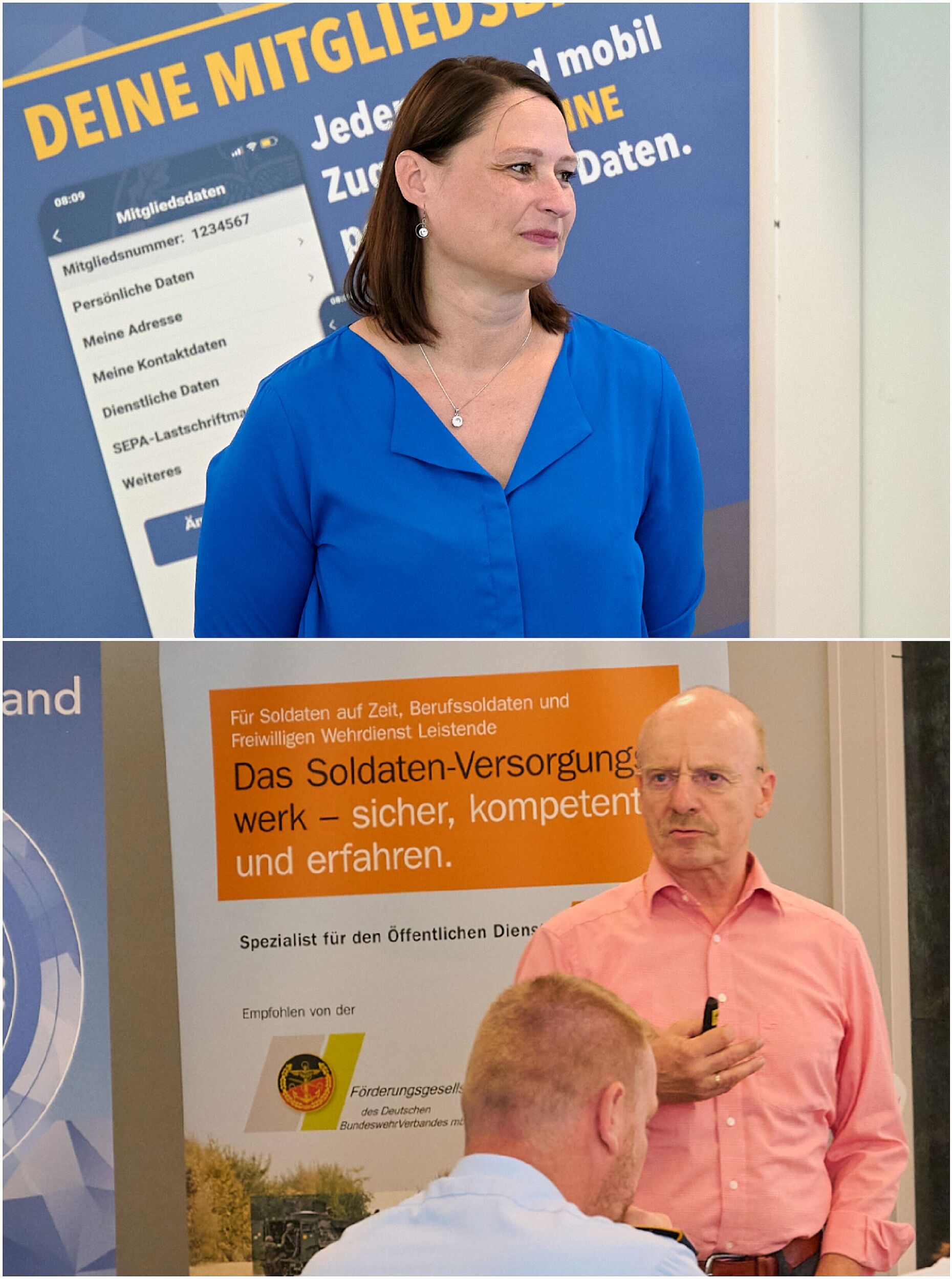 Abteilungsleiterin Service Center Regina Lenz sprach zu verbandsorganisatorischen Themen, Beauftragter SaZ Oberstabsfeldwebel a.D. Jürgen Schreier setzte sich für Zeitsoldaten ein. Foto: DBwV/Ingo Kaminsky