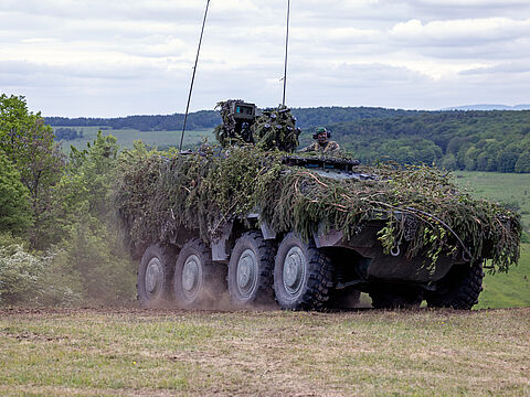 Ein GTK Boxer in Fahrt bei einer Vorführung des Heeres in Hammelburg. Deutlich mehr Tempo wäre indes bei der Zeitenwende erforderlich. Foto: DBwV/Yann Bombeke