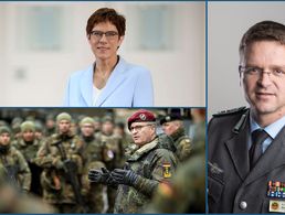 „Gedanken zur Bundeswehr der Zukunft“ nennt sich das Dokument, das Verteidigungsministerin Annegret Kramp-Karrenbauer und Generalinspekteur Eberhard Zorn jetzt vorgestellt haben. Oberstleutnant André Wüstner begrüßt es, dass nun endlich der Startschuss aus dem BMVg für dringend notwendige Veränderungen gefallen ist. Fotos: Bundeswehr/photothek.net/Thomas Imo/BMVg/DBwV. Montage: DBwV