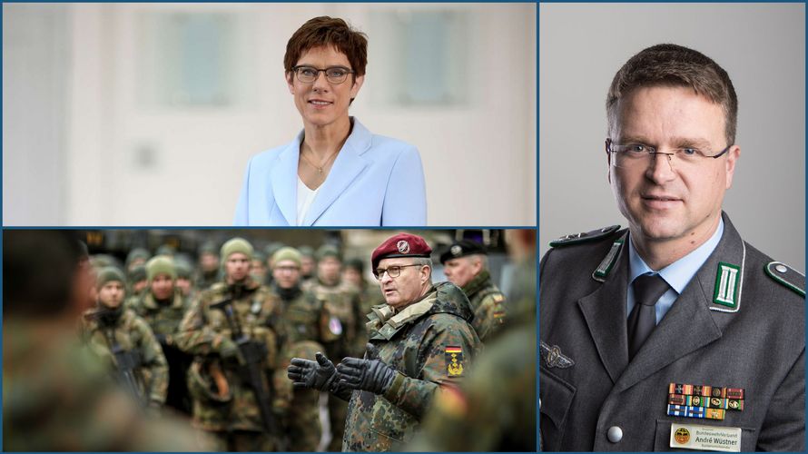 „Gedanken zur Bundeswehr der Zukunft“ nennt sich das Dokument, das Verteidigungsministerin Annegret Kramp-Karrenbauer und Generalinspekteur Eberhard Zorn jetzt vorgestellt haben. Oberstleutnant André Wüstner begrüßt es, dass nun endlich der Startschuss aus dem BMVg für dringend notwendige Veränderungen gefallen ist. Fotos: Bundeswehr/photothek.net/Thomas Imo/BMVg/DBwV. Montage: DBwV