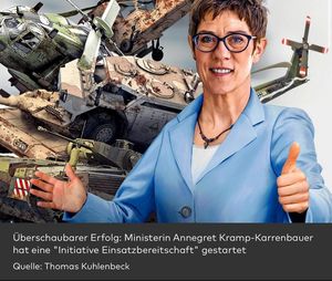 Ein Bild von Verteidigungsministerin Annegret Kramp-Karrenbauer aus der "Welt": Bereits im Dezember setzte sich das Medium kritisch mit den Angaben des BMVg zur materiellen Einsatzbereitschaft auseinander.