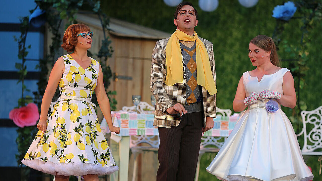 Die Theaterbesucher waren begeistert über zahlreiche bunte Szenenbilder und mitreisende Melodien beim "Der Vetter aus Dingsda". Foto: Siegbert Schneider