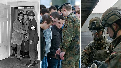 70 Jahre Wehrpflicht: Im April 1957 begrüßt ein Unteroffizier die neuen Wehrpflichtigen. Im Januar 2011 treten die letzten Wehrpflichtigen ihren Dienst an, dann wird die Wehrpflicht ausgesetzt. Im Januar 2026 startet der neue Wehrdienst: Die Bundeswehr setzt auf Freiwilligkeit sowie eine verpflichtende Wehrerfassung und Musterung für Männer. Fotos: picture-alliance/Karl Schnoerrer/ZB/Michael Reichel/picture alliance/SZ Photo/Lorenz Mehrlich