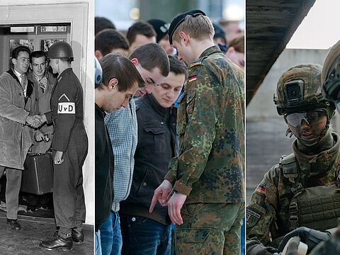 70 Jahre Wehrpflicht: Im April 1957 begrüßt ein Unteroffizier die neuen Wehrpflichtigen. Im Januar 2011 treten die letzten Wehrpflichtigen ihren Dienst an, dann wird die Wehrpflicht ausgesetzt. Im Januar 2026 startet der neue Wehrdienst: Die Bundeswehr setzt auf Freiwilligkeit sowie eine verpflichtende Wehrerfassung und Musterung für Männer. Fotos: picture-alliance/Karl Schnoerrer/ZB/Michael Reichel/picture alliance/SZ Photo/Lorenz Mehrlich
