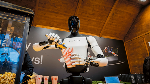 Könnten humanoide Roboter auch in Kriegsszenarien eingesetzt werden? Der Roboter „Optimus“ verteilt Popcorn auf einem Berliner Weihnachtsmarkt. Foto: Picture-Alliance/dpa/Christoph Soeder