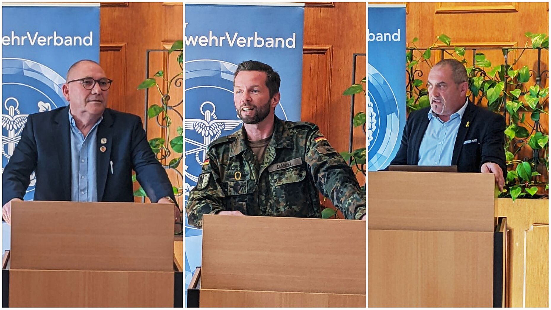 Für die Vorträge hatte Vorsitzender Oberstabsfeldwebel a.D. Hans-Henning Runge (von links) den Kommandeur Luftlande- und Lufttransportschule Altenstadt, Oberstleutnant Markus Daniel, und Landesvorsitzenden Josef Rauch zur Mitgliederversammlung eingeladen. Collage: HHR/IK