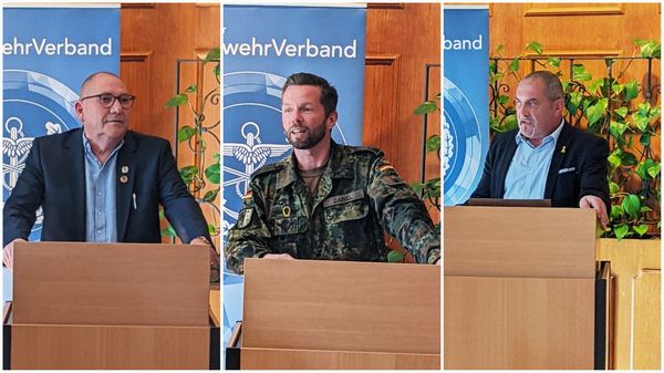 Für die Vorträge hatte Vorsitzender Oberstabsfeldwebel a.D. Hans-Henning Runge (von links) den Kommandeur Luftlande- und Lufttransportschule Altenstadt, Oberstleutnant Markus Daniel, und Landesvorsitzenden Josef Rauch zur Mitgliederversammlung eingeladen. Collage: HHR/IK