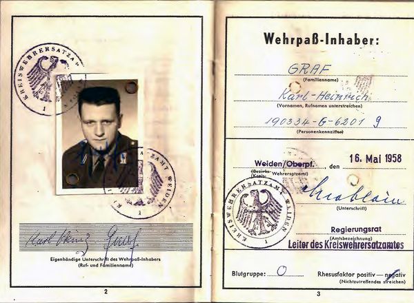 Der Wehrpass von Karl-Heinrich Graf wurde erst 1957 ausgestellt, obwohl er bereits ein Jahr zuvor in die Bundeswehr eingetreten ist. Dass er mit seinem Spitznamen Karl-Heinz unterschrieben hat, ist niemandem aufgefallen. Foto: privat