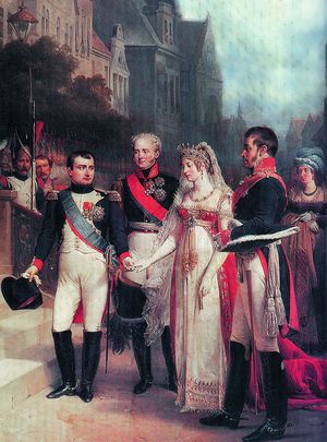 Empfang beim Frieden von Tilsit 1807: Napoleon, Alexander I. von Russland, Luise und Friedrich Wilhelm III. Gemälde von Nicolas Gosse. Foto: Public Domain