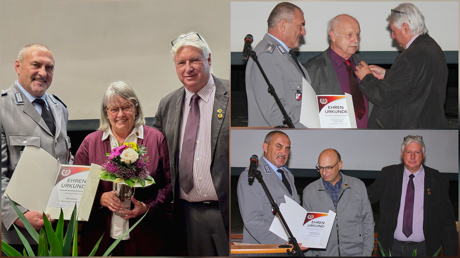 Für ihren Einsatz in der KERH erhielten Elke Hofmann, Oberstleutnant a.D. Thomas Kroll (rechts oben), Stabsfeldwebel a.D. Johannes Hermann Verdienstnadeln des DBwV in Bronze und Gold. Foto: KERH Pfullendorf