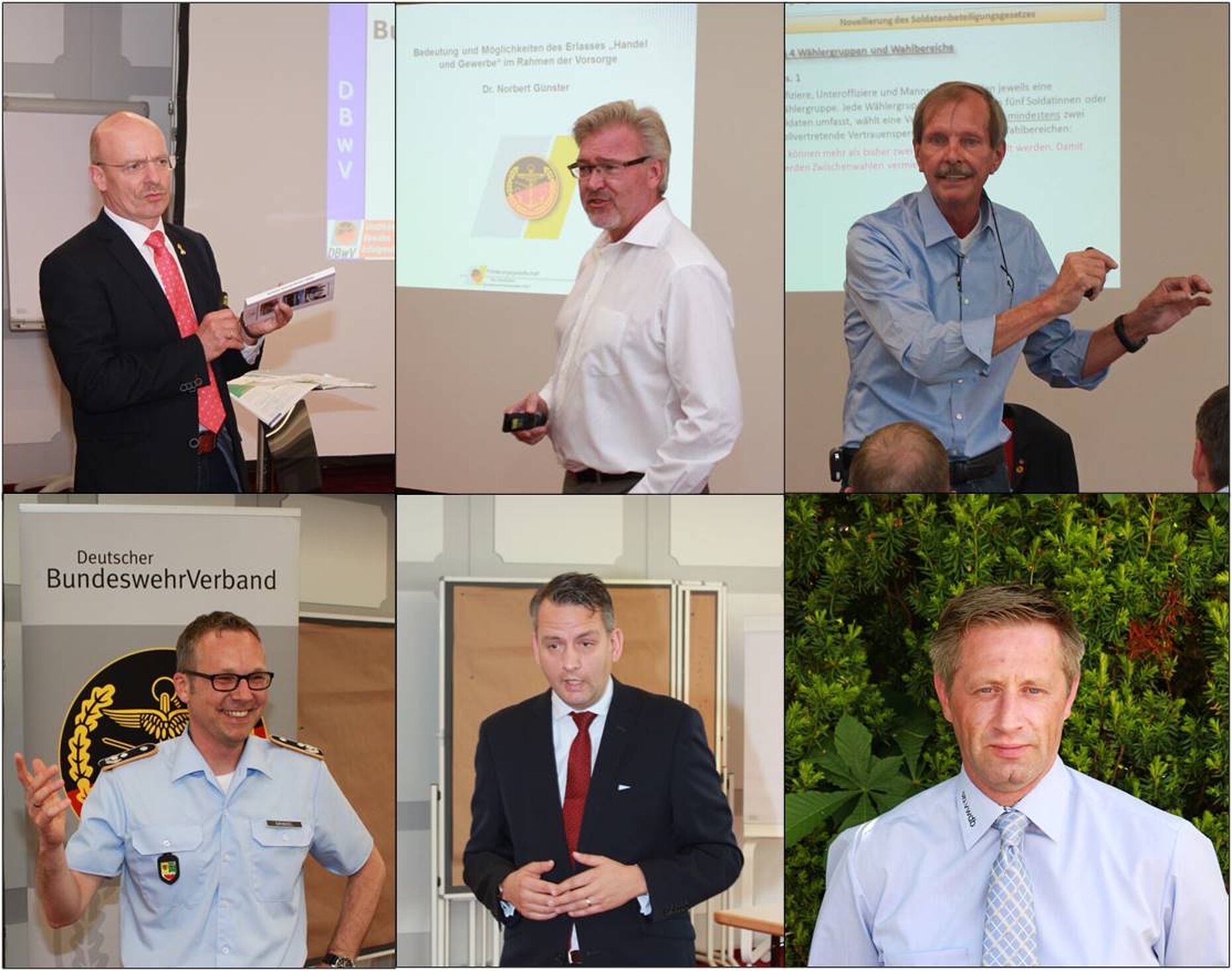 Referenten auf der Spießtagung:  1. Reihe v.l.n.r.: OStFw a.D. Jürgen Schreier (DBwV), Dr. Norbert Günster (FöG), Hptm a.D. Uwe Rossow (DBwV), 2. Reihe v.l.n.r.: Oberstlt Dominic Grindel (BAPersBw), RA Sebastian Lohmüller (DBwV), Mike Britsch (DBwV)