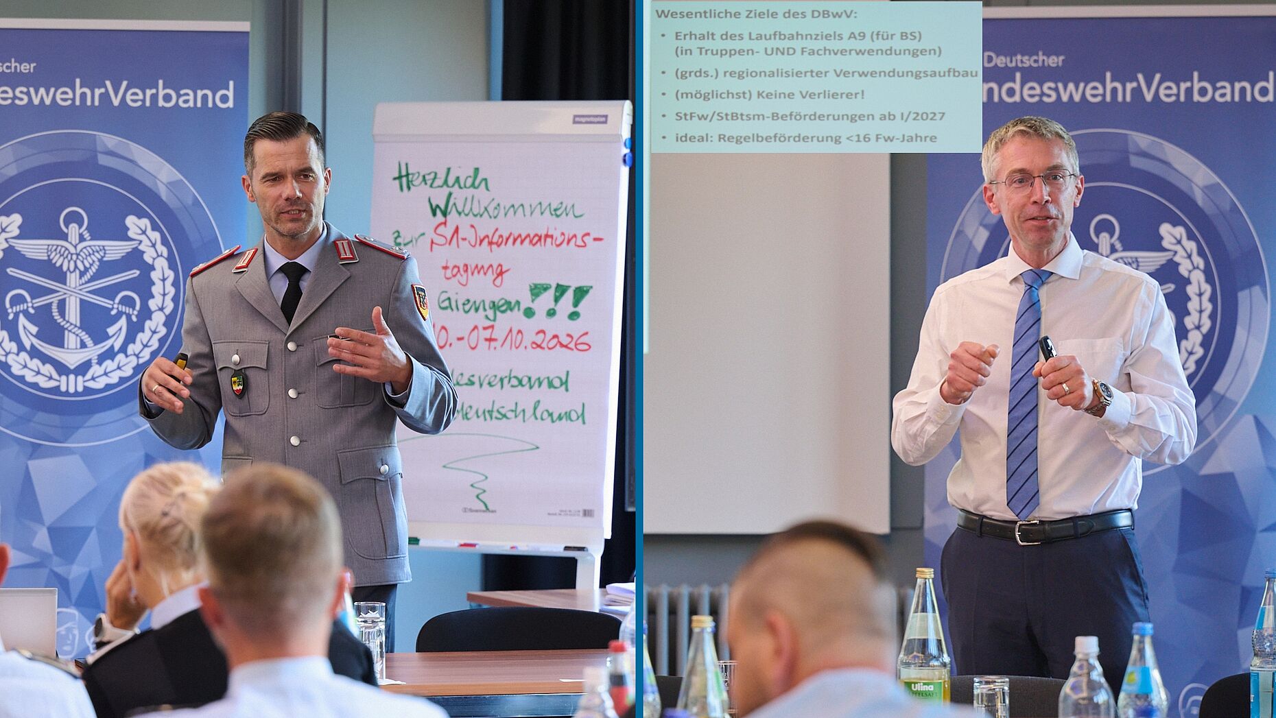 Major Ivo Brandt (l.) und DBwV-Justitiar Christian Sieh beleuchteten die Herausforderungen der Personalführung sowie die aktuelle Diskussion um Mindestbeförderungszeiten und Laufbahnperspektiven. Foto: Ingo Kaminsky