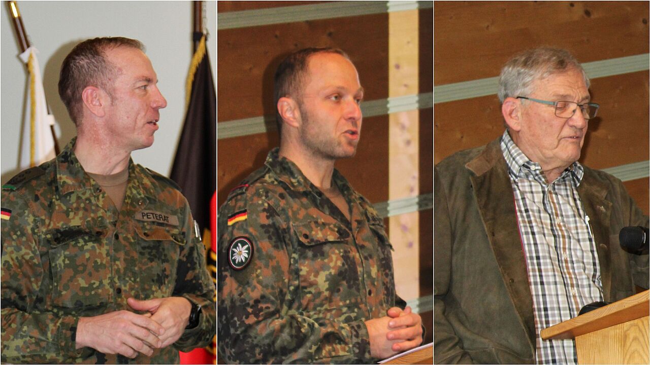 Bei der letzten Mitgliederversammlung zum Jahresabschluss ermöglichte Vorsitzender Klaus Schwarzenberger (r.) mit der Einladung von Kommandeur Oberst Holger Peterat (l.) und dem Abteilungsleiter G2 Einblicke in aktuelle Entwicklungen bei der Gebirgsjägerbrigade 23. Foto: Klaus Schwarzenberg