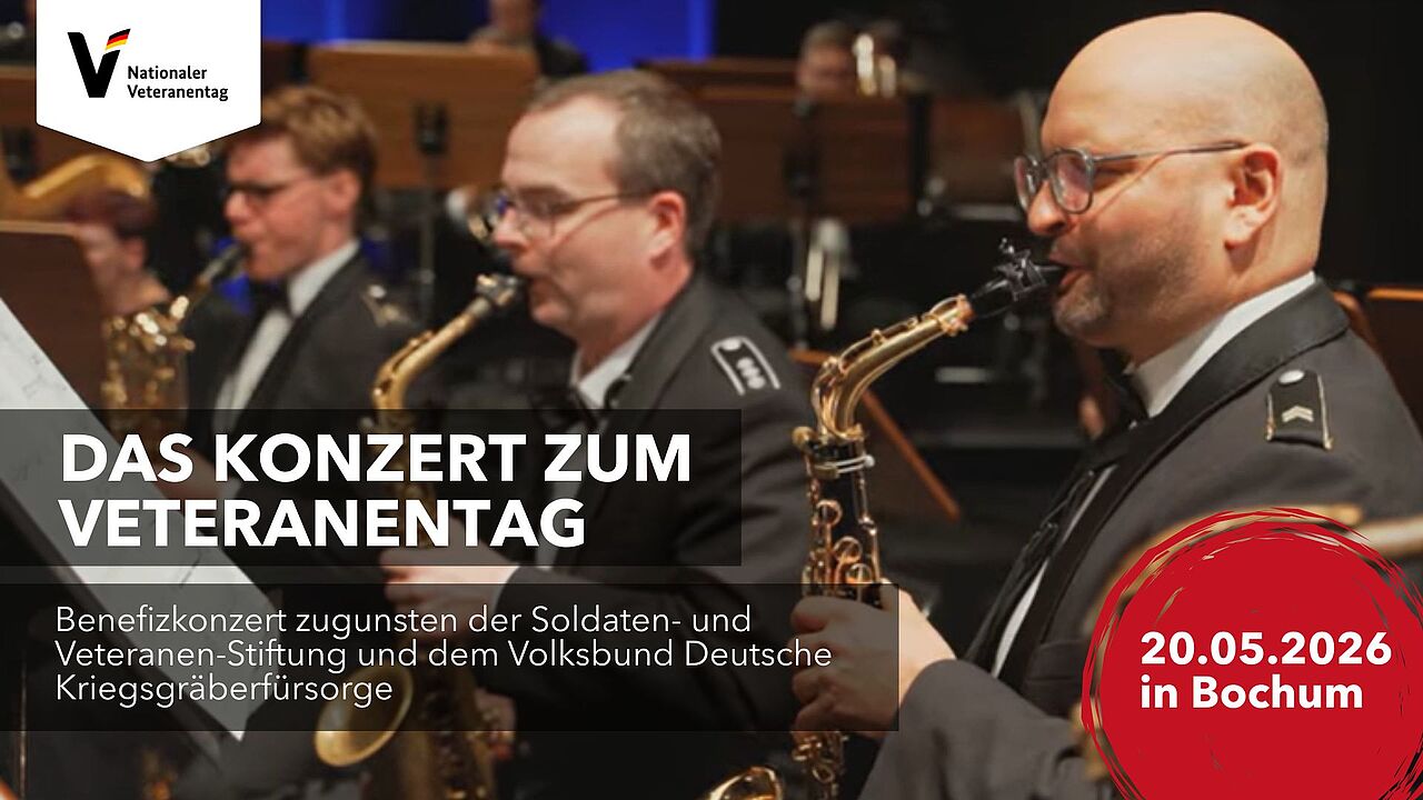 Das Konzert zum Veteranentag findet am 20. Mai 2026 im Anneliese Brost Musikforum Ruhr in Bochum statt. Alle Einnahmen kommen der Soldaten- und Veteranen-Stiftung sowie dem Volksbund Deutsche Kriegsgräberfürsorge zugute. Foto: Screenshot/DBwV
