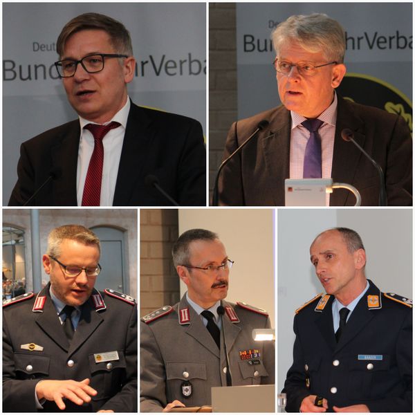 Referenten der Tagung: Dr. Josef Braml, Oberst a.D. Dr. Hans-Hubertus Mack, Oberstleutnant Dr. Detlef Buch, Oberst i.G. Robert Sieger, Oberstleutnant Volker Baader (v.l.) Foto: DBwV