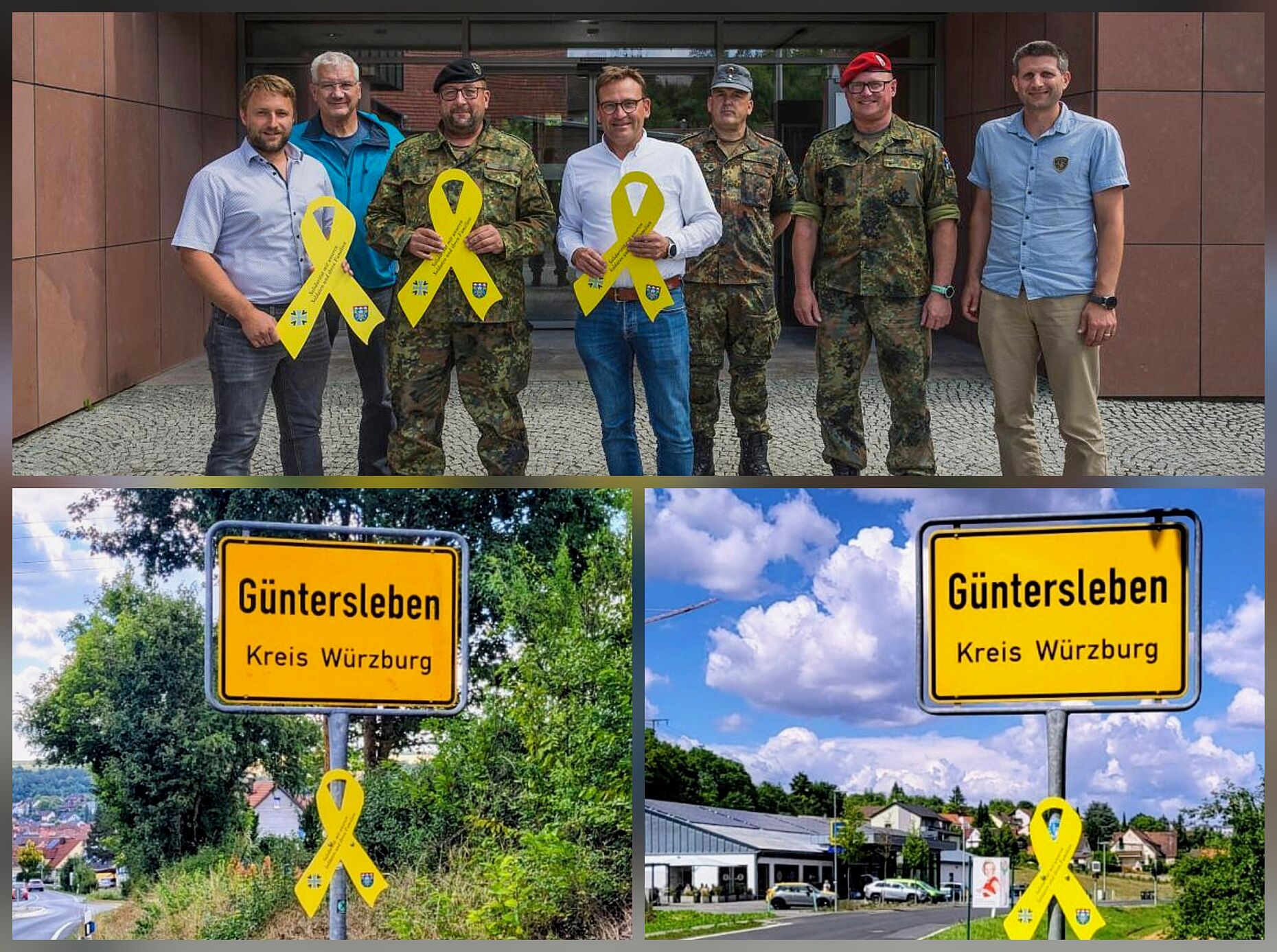 Nach der Übergabe am Rathaus, unterstützt von Vertretern des Gemeinderates und von den Veteranen Güntersleben, Hauptmann a.D. Roland Stengl und Oberfeldwebel d.R. Kai Fiedrich, sind die Gelbe Schleifen inzwischen an den Ortseingängen sichtbar. Foto: Robert Issing/Fotofreunde Güntersleben