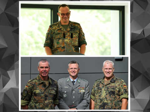 Der Personalratsvorsitzende im Übergangsmandat, Oberstleutnant Dr. Linus Strelau (oberes Bild), freute sich über hochrangigen Besuch bei der Personalversammlung und dem anschließenden Sommerfest der Standortkameradschaft Bonn: Zu Gast waren untere anderem der Bundesvorsitzende, Oberst André Wüstner (unteres Bild Mitte) sowie der Befehlshaber des Unterstützungsbereichs, Generalleutnant Gerald Funke (unteres Bild links), und sein Stellvertreter, Generaloberstabsarzt Dr. Ralf Hoffmann. Fotos: StOKa Bonn