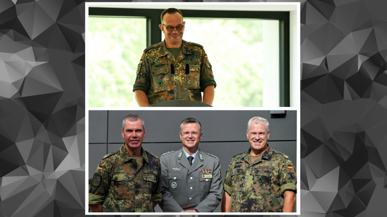 Der Personalratsvorsitzende im Übergangsmandat, Oberstleutnant Dr. Linus Strelau (oberes Bild), freute sich über hochrangigen Besuch bei der Personalversammlung und dem anschließenden Sommerfest der Standortkameradschaft Bonn: Zu Gast waren untere anderem der Bundesvorsitzende, Oberst André Wüstner (unteres Bild Mitte) sowie der Befehlshaber des Unterstützungsbereichs, Generalleutnant Gerald Funke (unteres Bild links), und sein Stellvertreter, Generaloberstabsarzt Dr. Ralf Hoffmann. Fotos: StOKa Bonn