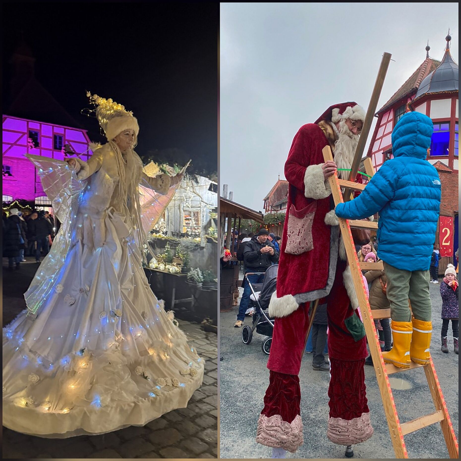 Glitzernde Winterwesen und Stelzen-Nikolaus bezauberten die Besucher in der märchenhaften Welt des Weihnachtsmarktes. Foto: Michale Lipp