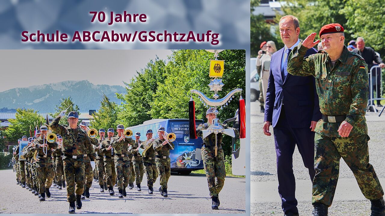 Wehrbeauftragter Henning Otte und der Kommandeur SABCAbw/GSchAufg schreiten beim Feierlichen Gelöbnis die Front der angetretenen Rekruten ab; musikalisch begleitet werden sie vom Gebirgsmusikkorps Garmisch-Partenkirchen. Foto: Wolfgang Kruse
