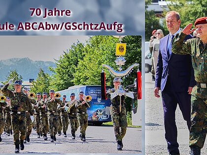 Wehrbeauftragter Henning Otte und der Kommandeur SABCAbw/GSchAufg schreiten beim Feierlichen Gelöbnis die Front der angetretenen Rekruten ab; musikalisch begleitet werden sie vom Gebirgsmusikkorps Garmisch-Partenkirchen. Foto: Wolfgang Kruse