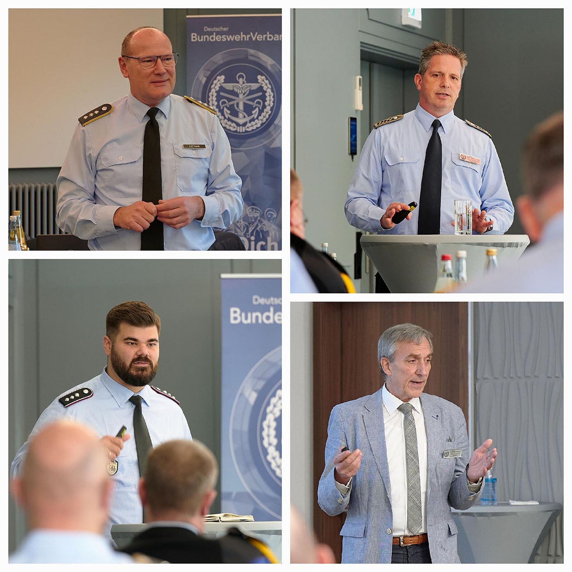 Tagungsleiter Hauptmann Oliver Hartmann (l.o.), Sprecher GVPA Hauptmann Sebastian Habicht (l.u.), Vorsitzender FB Beteiligungsrechte Oberstabsfeldwebel Sascha Altenhofen (r.o.) und Landesvorsitzender Gerhard Stärk.  Foto: DBwV/Kaminsky