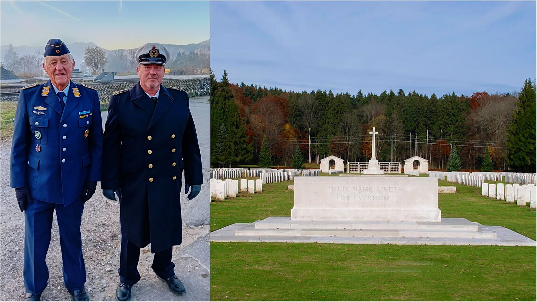 Die feierliche Zeremonie auf der Kriegsgräberstätte „Durnbach War Cementry“ in Dürnbach begleiteten Kapitänleutnant Dirk Becker und Beisitzer Oberstabsfeldwebel a.D. P. Wagner. vCollage: KERH Oberland/IK