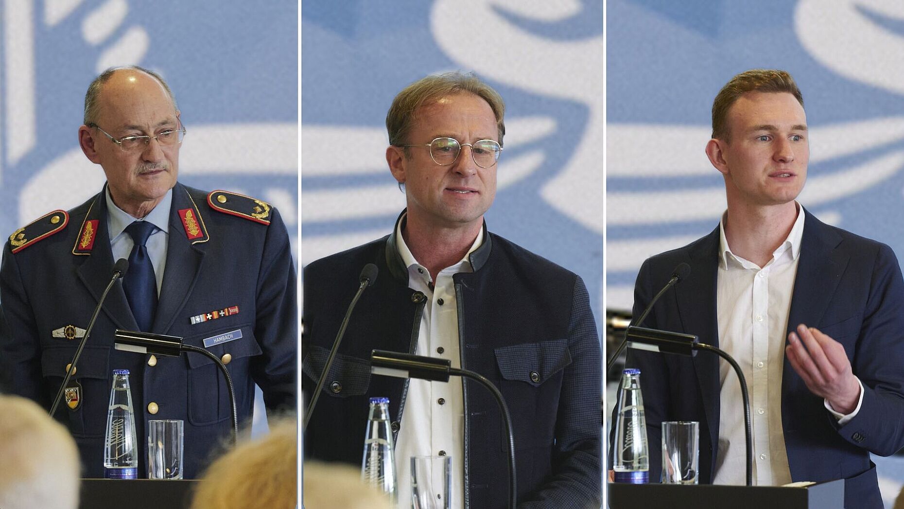 Brigadegeneral Thomas Hambach (von links), Wolfgang Fackler (CSU) und Florian Siekmann (Bündnis 90/Die Grünen) hoben die Bedeutung einer resilienten Gesellschaft und dankten dem DBwV für seine Rolle als Brückenbauer. Fotos/Collage: IK