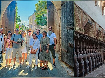 Teilnehmer der KERH Pfullendorf auf ihrem historischen Ausflug im Kloster Maulbronn mit den berüchtigten Klappsitzen in den Chorgestühlen (Bild rechts): die Familien Zoller (v.l.), Schweikart, Greß, Gast und Ferner. Foto: Sascha Ferner