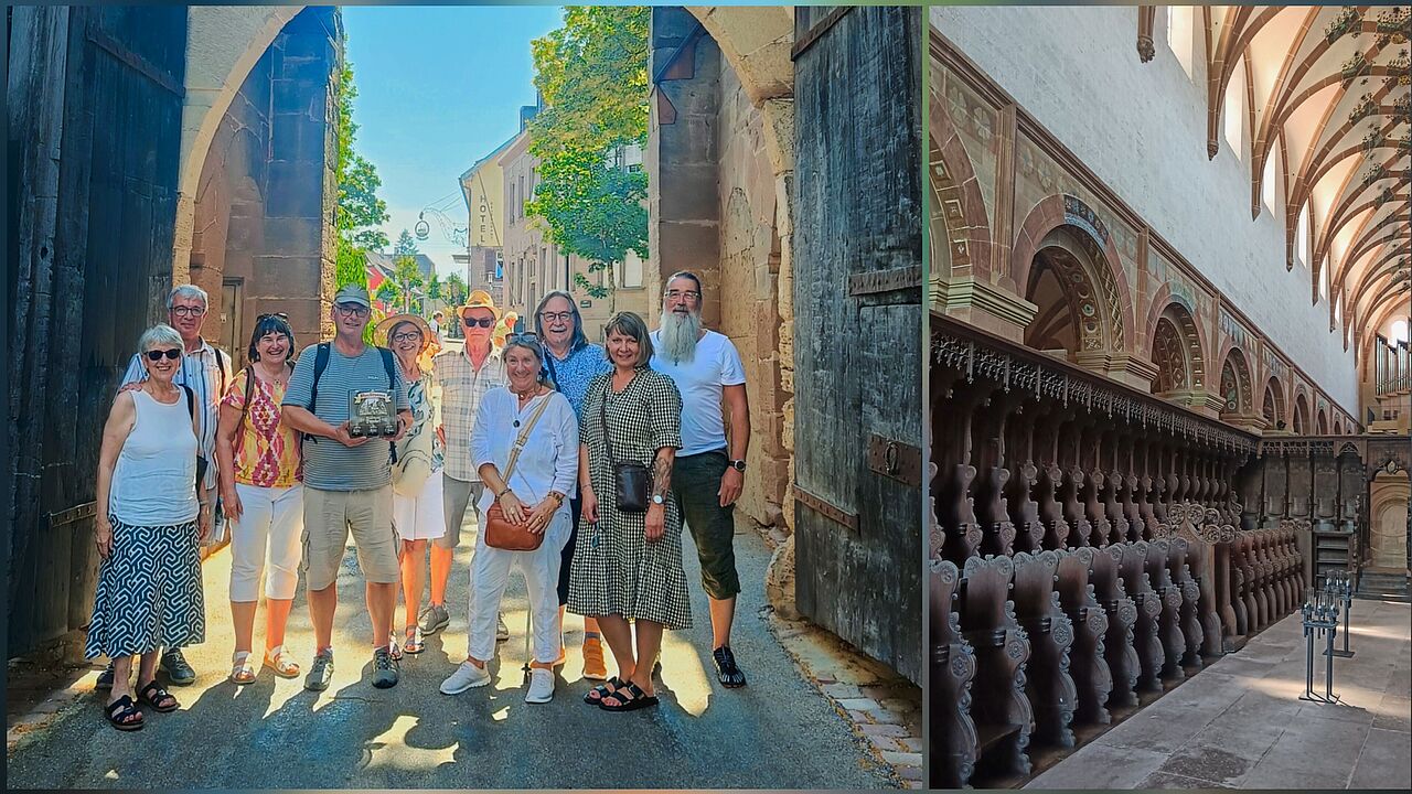 Teilnehmer der KERH Pfullendorf auf ihrem historischen Ausflug im Kloster Maulbronn mit den berüchtigten Klappsitzen in den Chorgestühlen (Bild rechts): die Familien Zoller (v.l.), Schweikart, Greß, Gast und Ferner. Foto: Sascha Ferner