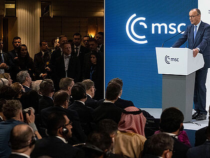 Bundeskanzler Friedrich Merz (CDU) spricht bei der Eröffnung der 62. Münchner Sicherheitskonferenz. Foto: picture alliance/dpa/Marijan Murat