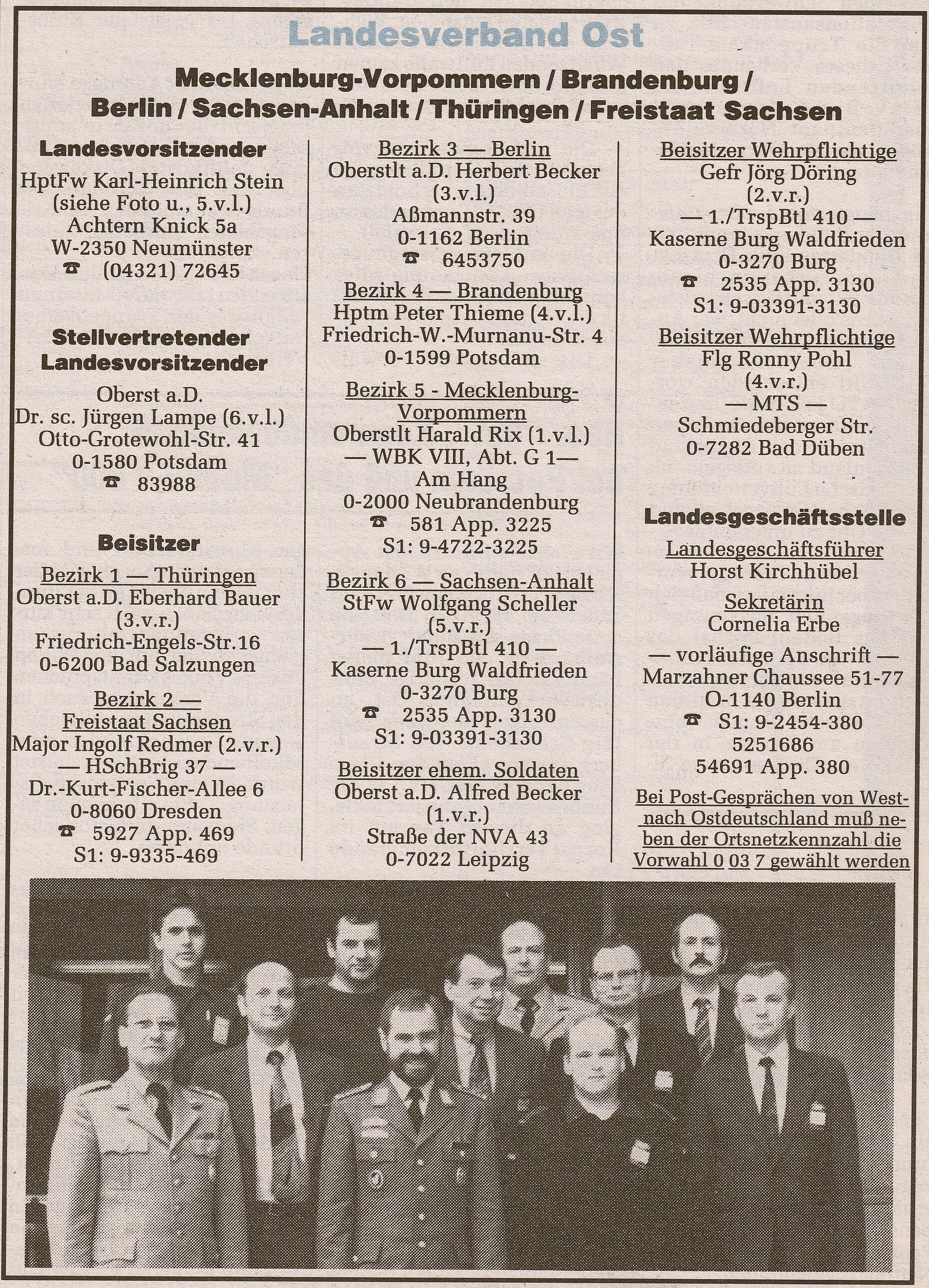 Der erste Landesvorstand des Landesverbandes Ost nach der Landesversammlung im April 1991. Foto: DBwV/Archiv