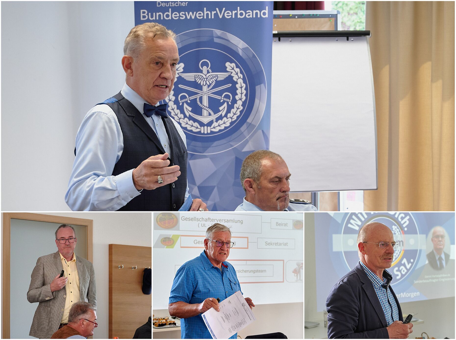 Hauptmann a.D. Roland Ehrenberger (oben) hatte als Referenten Hartmut Landeck (DBV-AXA) (unten v.l.), Hauptmann a.D. Ullrich Seelmann (FöG) und Oberstabsfeldwebel a.D. Jürgen Schreier (DBwV). Foto/Collage: DBwV/Ingo Kaminsky