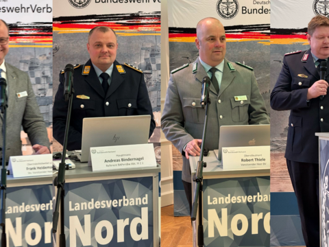 Die Referenten bei der Tagung in Dötlingen (v.l.n.r.): Oberstabsfeldwebel a.D. Frank Heidemann, stellvertretender Vorsitzender Heer im Bundesvorstand, Hauptmann Andreas Bindernagel aus dem BAPersBw, Oberstleutnant Robert Thiele, Vorsitzender Heer, und Oberst i.G. Martin Hess, Referatsleiter im BAPersBw. Fotos: LV Nord