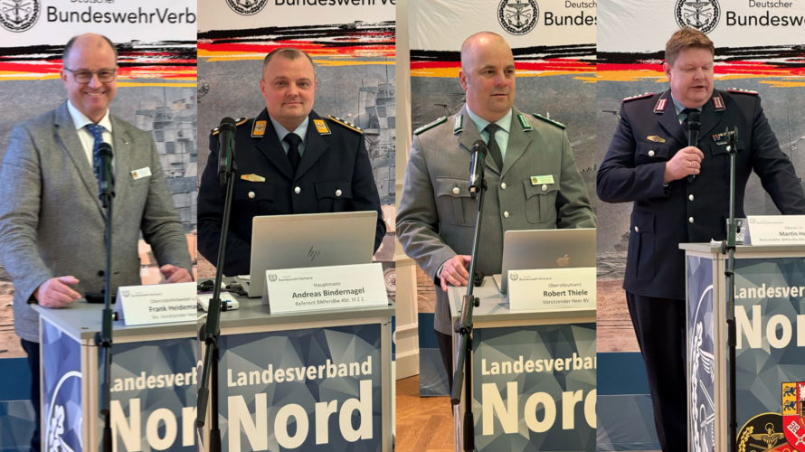 Die Referenten bei der Tagung in Dötlingen (v.l.n.r.): Oberstabsfeldwebel a.D. Frank Heidemann, stellvertretender Vorsitzender Heer im Bundesvorstand, Hauptmann Andreas Bindernagel aus dem BAPersBw, Oberstleutnant Robert Thiele, Vorsitzender Heer, und Oberst i.G. Martin Hess, Referatsleiter im BAPersBw. Fotos: LV Nord