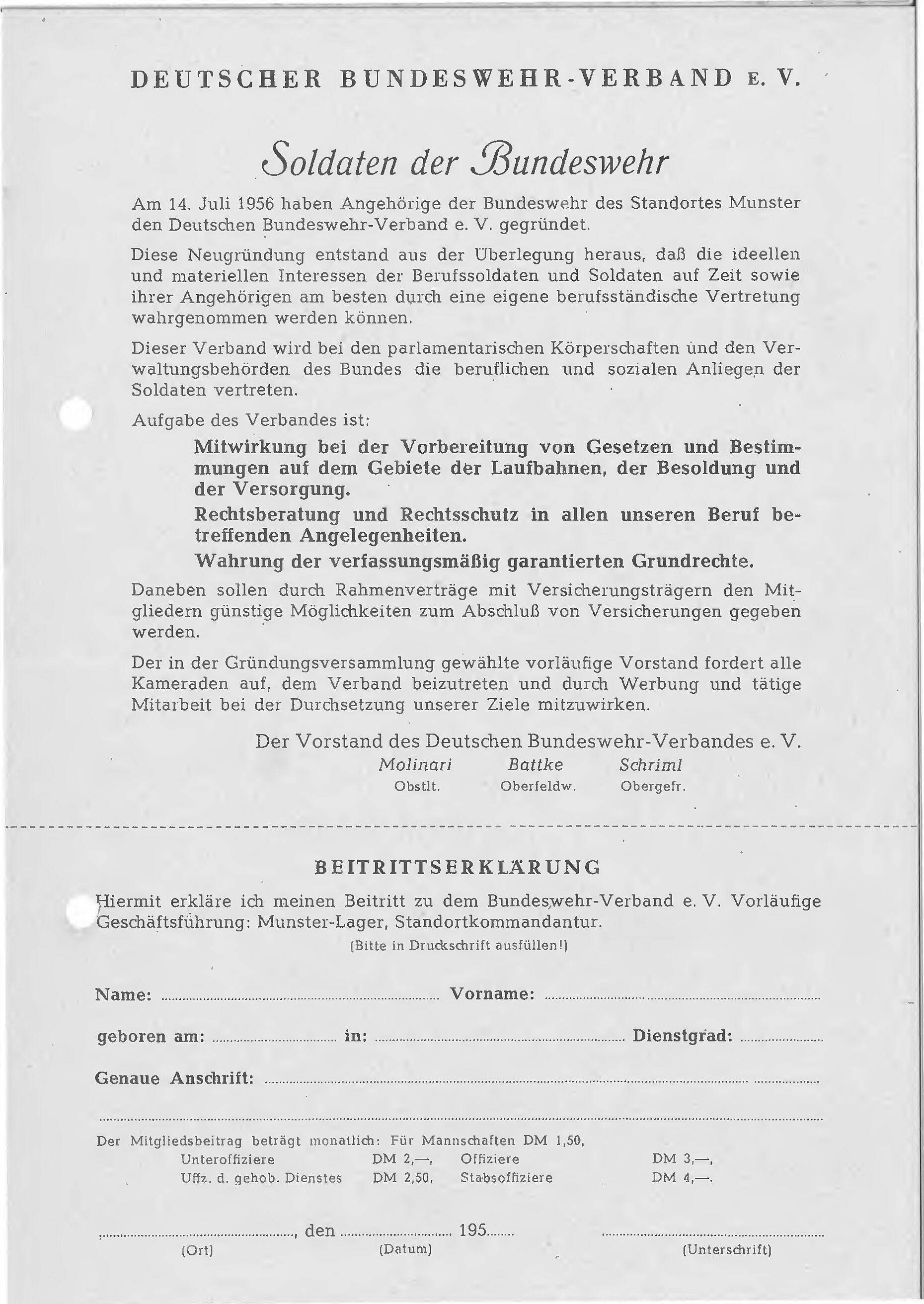 Der Gründungsaufruf mit dem ersten Mitgliedschaftsantrag von 1956. Foto: DBwV