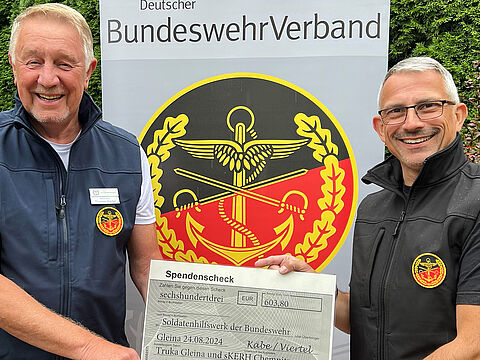 Die Vorsitzenden der sKERH Chemnitz und der TruKa Gleina, Thomas Viertel (l.) und Marco Käbe, mit dem Spendenscheck für das Soldatenhilfswerk. Foto: Thomas Viertel