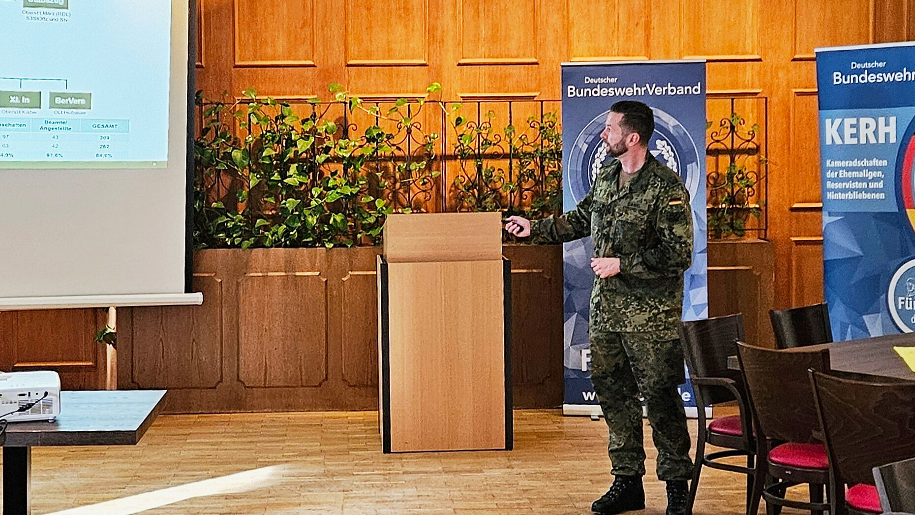 Der Kommandeur der Luftlande- und Lufttransportschule, Oberstleutnant Markus Daniel, vermittelte bei der Mitgliederversammlung der KERH Schongau einen eindrucksvollen Einblick in die Herausforderungen der LL/LTS. Foto: HHR