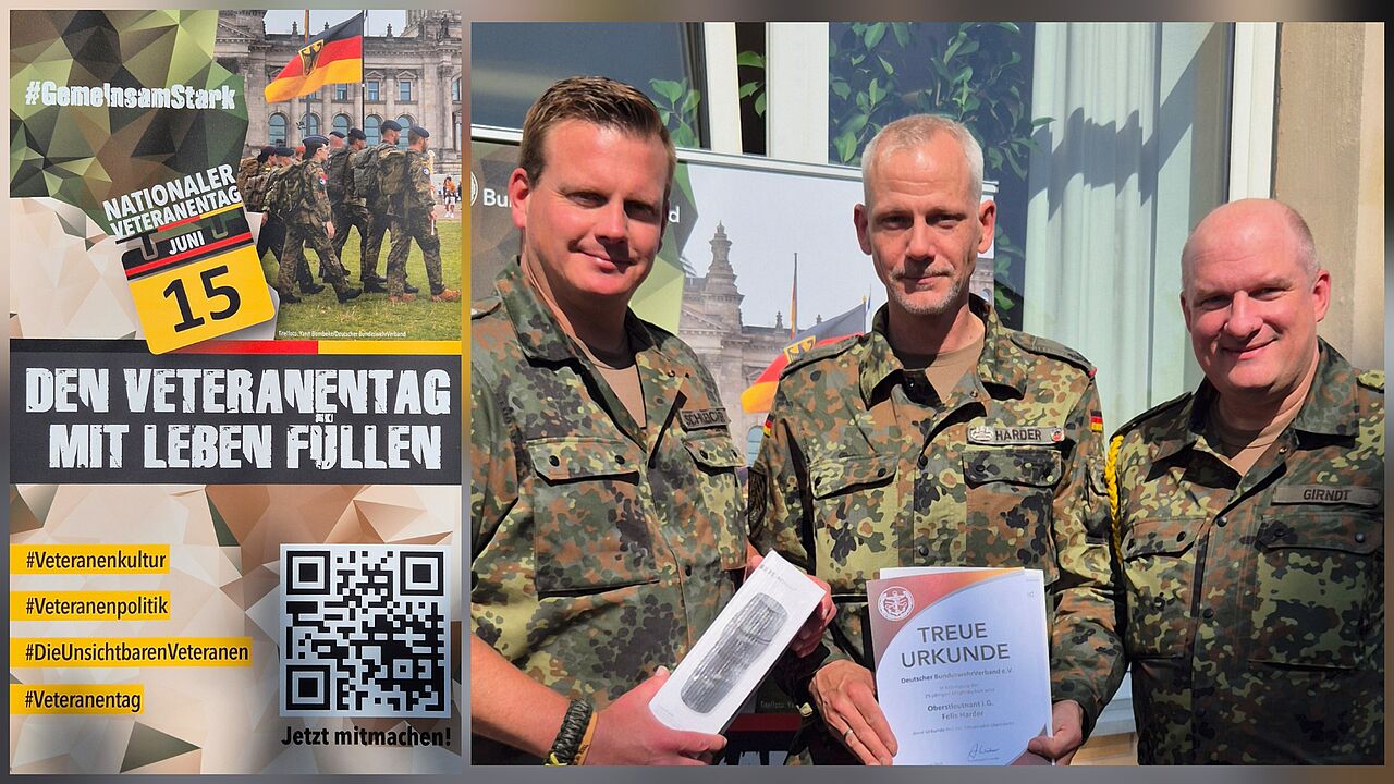 Beim Grillfest der TruKa Nordgau-Kaserne unmittelbar vor dem ersten Nationalen Veteranentag erhielt der Chef des Stabes der PzBrig 12, Oberstleutnant Felix Harder, die Auszeichnung als langjähriges Mitglied im DBwV. Foto: P. Bochnik