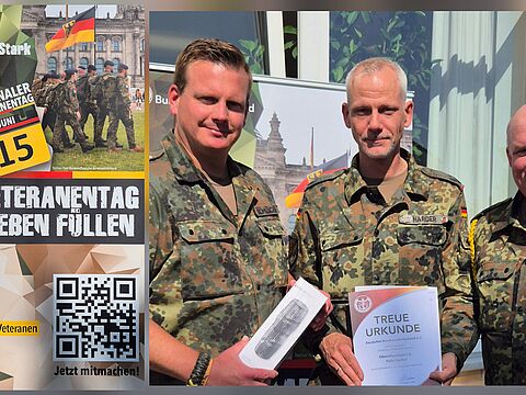 Beim Grillfest der TruKa Nordgau-Kaserne unmittelbar vor dem ersten Nationalen Veteranentag erhielt der Chef des Stabes der PzBrig 12, Oberstleutnant Felix Harder, die Auszeichnung als langjähriges Mitglied im DBwV. Foto: P. Bochnik