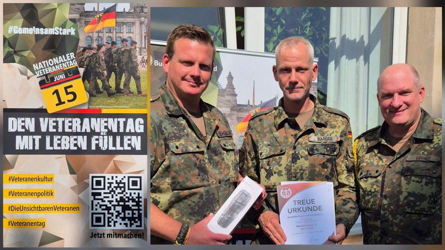Beim Grillfest der TruKa Nordgau-Kaserne unmittelbar vor dem ersten Nationalen Veteranentag erhielt der Chef des Stabes der PzBrig 12, Oberstleutnant Felix Harder, die Auszeichnung als langjähriges Mitglied im DBwV. Foto: P. Bochnik