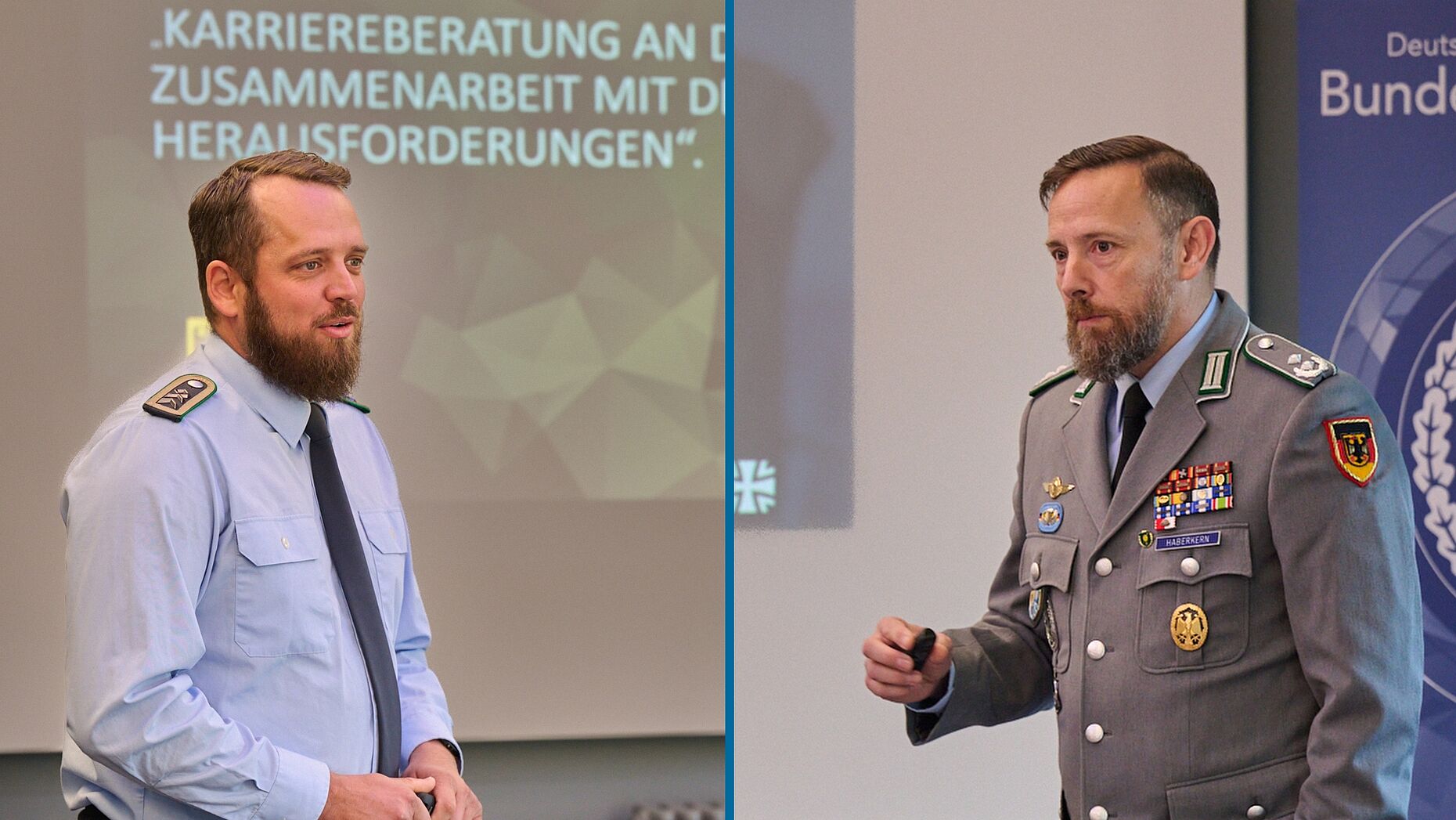 Oberstleutnant Andreas Haberkern (l.) und Stabsfeldwebel Matthias Jäger machten deutlich: Erfolgreiche Personalgewinnung für Aufwuchs, Heimatschutz und Landesverteidigung gelingt nur im engen Schulterschluss von Karriereberatung und Truppe. Foto: Ingo Kaminsky