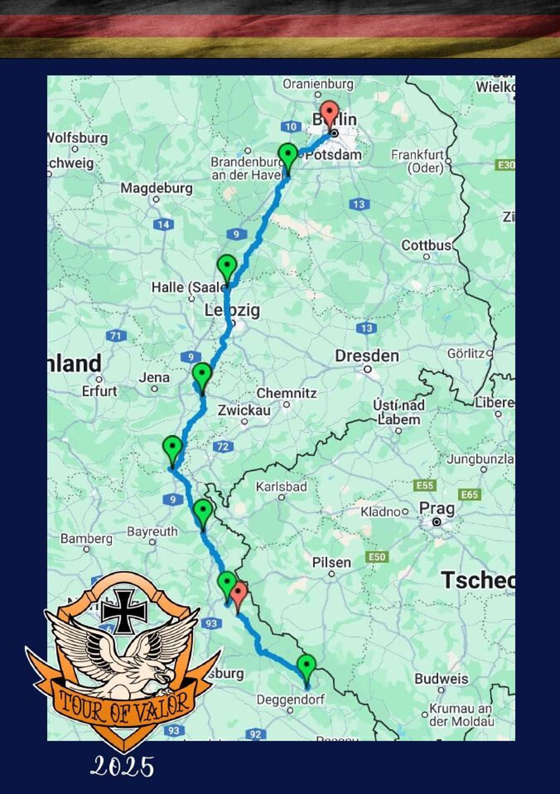 Die Strecke führt die Radfahrerinnen und Radfahrer vom niederbayrischen Regen in sieben Etappen bis nach Berlin. Foto: Foto: Battlefield Cyclists