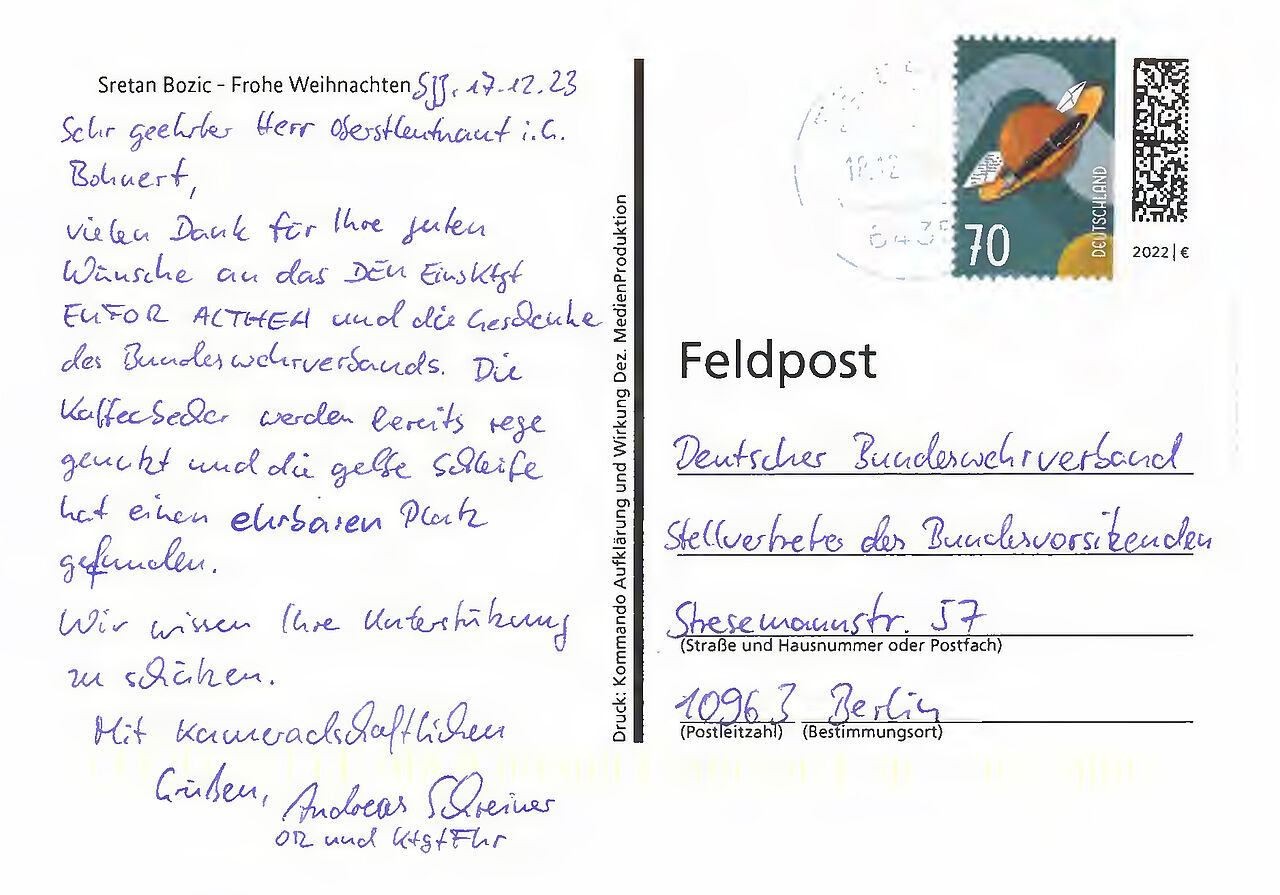 Diese Feldpost-Karte erreichte den DBwV-Bundesvorstand aus Bosnien-Herzegowina.