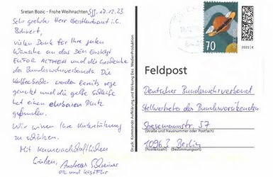 Diese Feldpost-Karte erreichte den DBwV-Bundesvorstand aus Bosnien-Herzegowina.