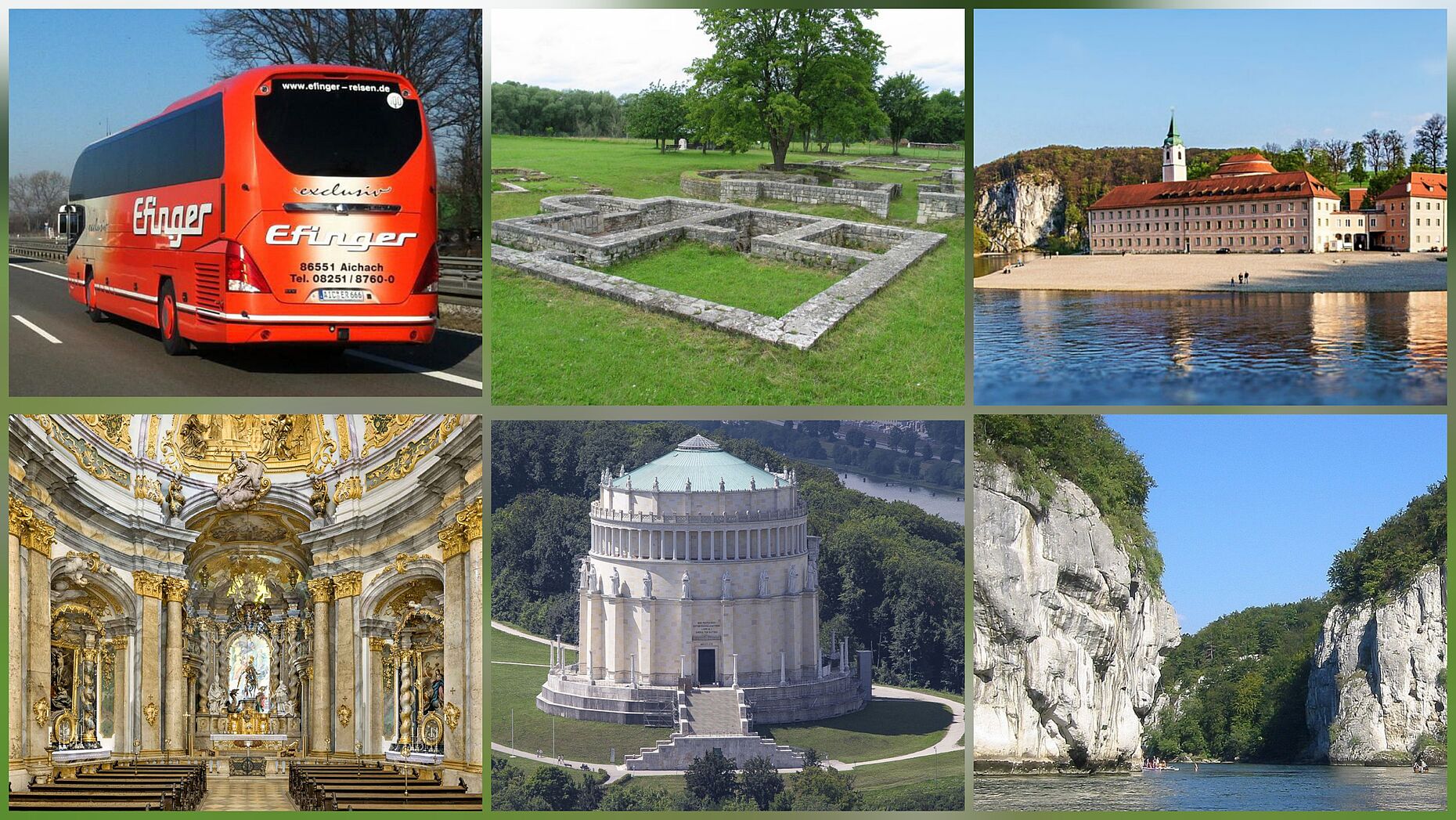 Die Stationen der Reise: Römerkastell, Weltenburg mit Kirche St. Georg, Donaudurchbruch, Kelheim die Befreiungshalle. Fotocollage: HR/IK
