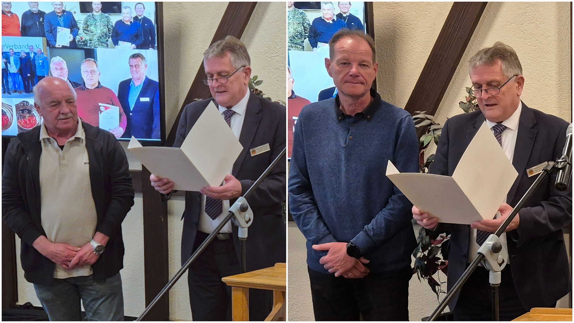 Für ihr herausragendes Engagement in der Verbandsarbeit wurden Stabsfeldwebel a.D. Roland Wölpper (links) und Oberstabsfeldwebel a.D. Armin Dadrich mit der Verdienstnadel in Silber ausgezeichnet. Foto: Roland Stengl