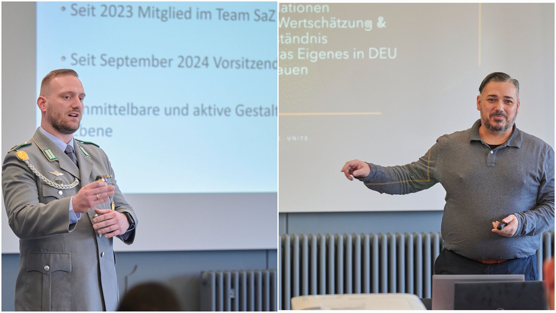 Hauptfeldwebel Marvin Schäfer und Stabsfeldwebel Stefan Huss zeigten, wie unterschiedliches ehrenamtliches Engagement mit Unterstützung des DBwV möglich ist. Foto: IK