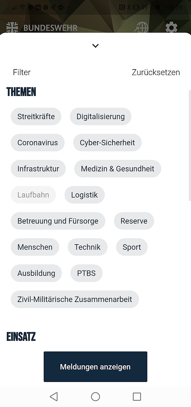 Filter ermöglichen die Individualisierung der App. Foto: Bundeswehr